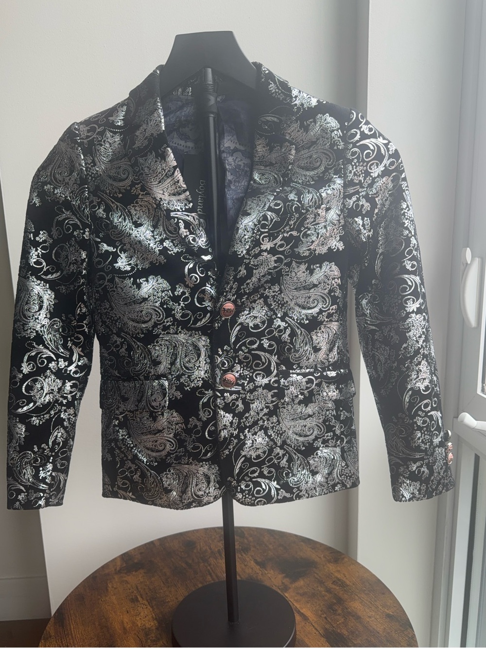 Boyland Boys Jacquard Slim Fit Tuxedo Suit 2-Piece Black Silver Size 6